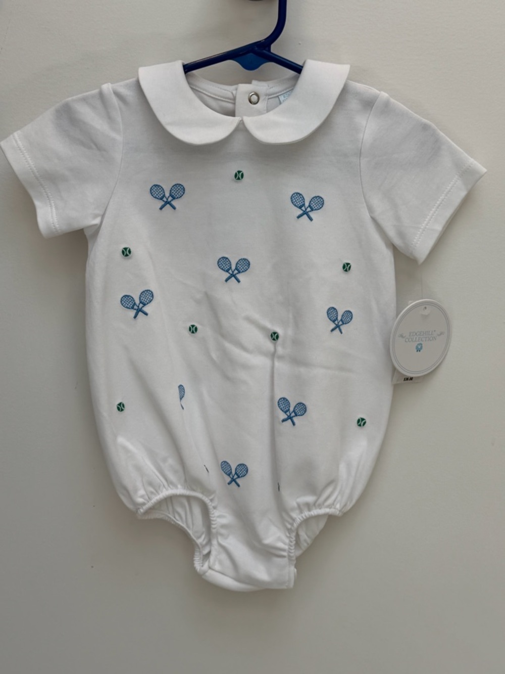 Edgehill Collection White bubble Romper with Blue Tennis Rackets and Green Balls
